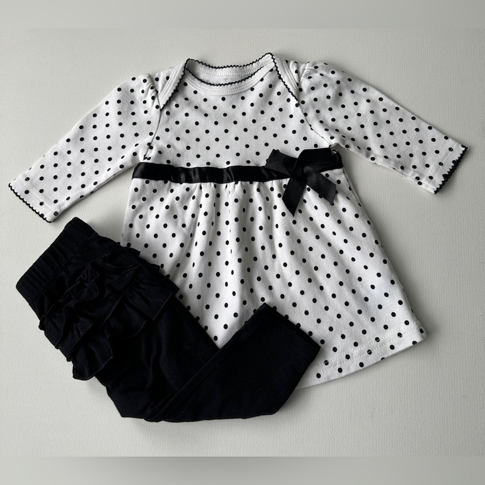 Bon Bebe, Baby-Girl’s White & Black Polka and Cat & Jack black pant.  Size 3-6M.